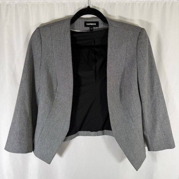 Express Blazer Women's 2 Black White Open Front Stretch Lined Structured 3/4 Slv - Picture 1 of 9